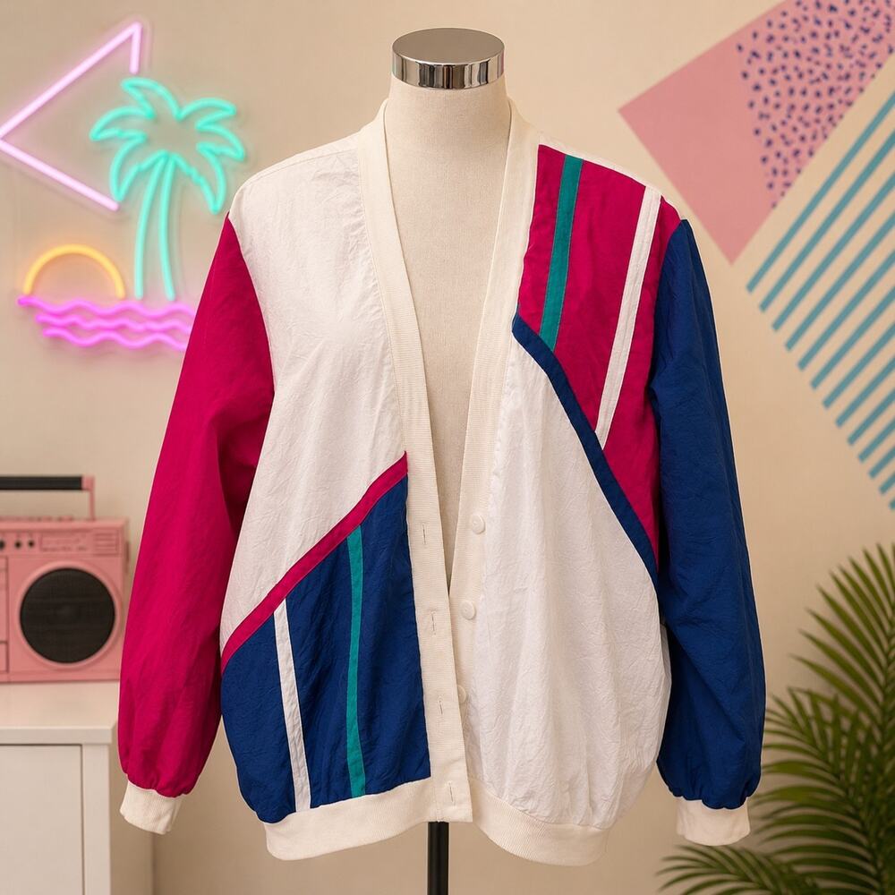 Vintage 80s 90s Colorblock Windbreaker Jacket Women XL Pink Teal Navy Geometric